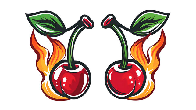 Pair of cherries with flames at base on black background