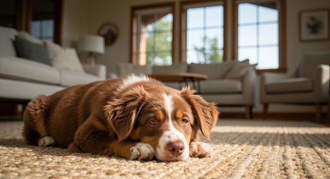 Cute Adorable Miniature Australian Shepherd Dog Resting On Woven Rug In A Cozy Living Room Setting