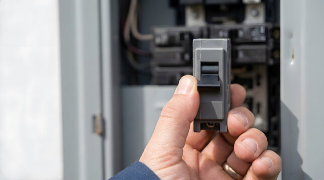 Electrician holding a grey circuit breaker switch in front of an electrical panel. Close up of a technician's hand replacing a fuse component