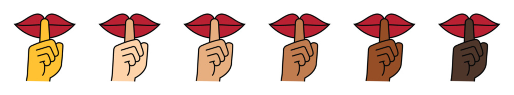 Silence gesture lips icon set. Vector style with diverse skin tones. Ideal for mute, quiet, privacy, communication, emoji, and UI design.