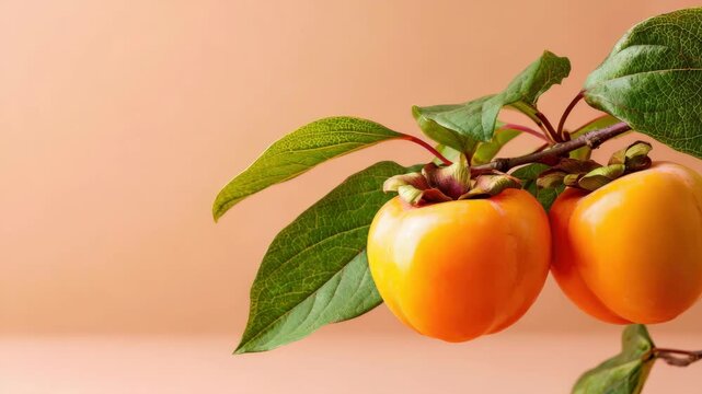 Fresh Ripe Persimmon Fruits on Branch with Green Leaves Isolated on Soft Peach Background for Healthy Food Advertising and Seasonal Autumn Produce