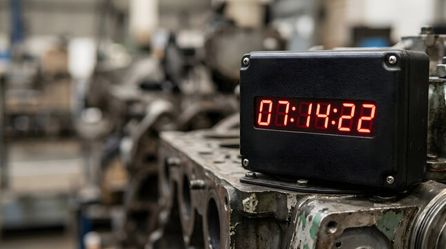 Red digital LED clock displaying time on a heavy metal engine block. Industrial factory workshop setting with blurred machinery background