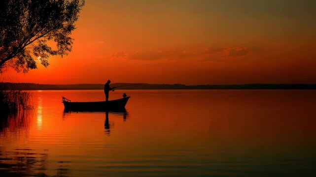 Silhouette of a fisherman in a small boat on a calm lake during a vibrant orange sunset, peaceful outdoor leisure activity in the wilderness