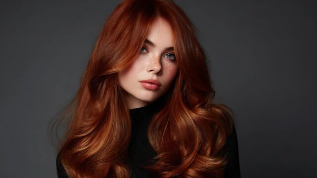 Beautiful young woman with long wavy red hair posing in studio, portrait of a girl with freckles and natural makeup against a dark grey background