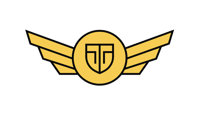 Emblem logo design featuring golden wings and a circular shield with initials inside a frame.