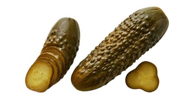 Three delicious dill pickles isolated on a transparent background, showcasing vibrant green hues and a tangy, briny flavor profile