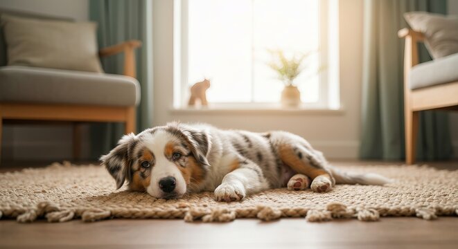 Cute Aussie Puppy Meraly Resting on Fringed Rug in Bright Living Room Home Portrait of Pet Puppy.