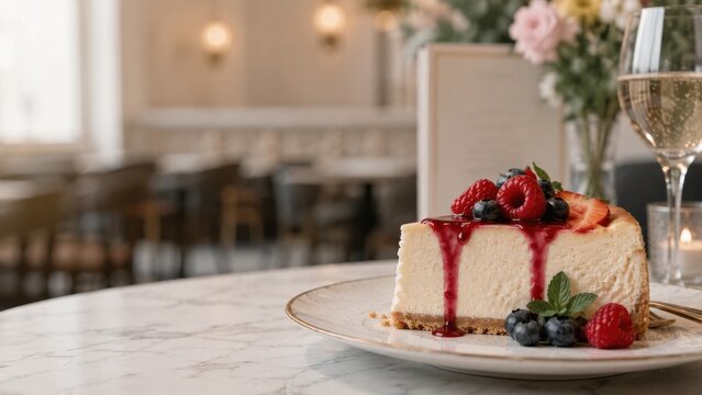 Cheesecake with berries on plate in restaurant