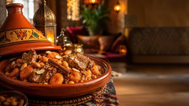 Moroccan tagine with meat and dried fruit in warm interior