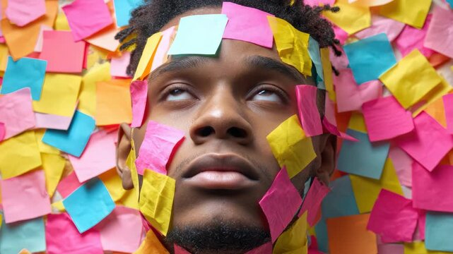 Young African American man with colorful sticky notes on face looking up, concept of stress, overwhelmed by work, office tasks, or mental overload