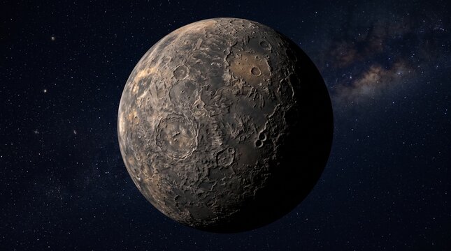 Rocky cratered exoplanet floating in deep space with outer space, astronomy