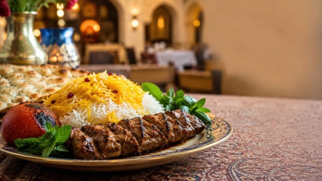 Kebab with rice and grilled meat in restaurant