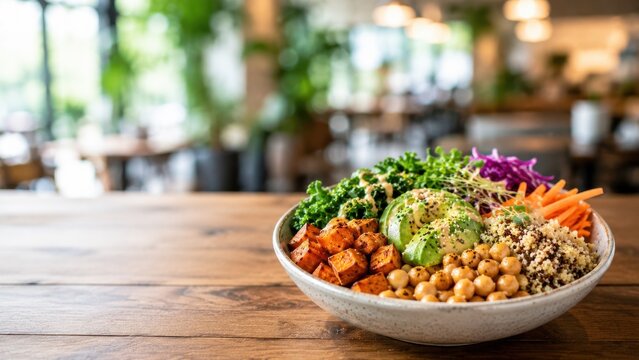 Vegan grain bowl on wooden table in cafe