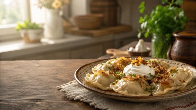 Pierogi served on rustic kitchen table with herbs