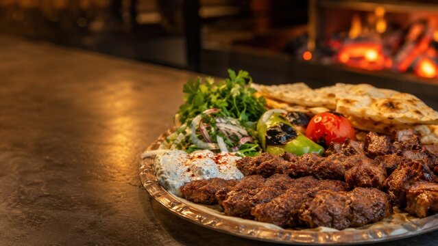 Grilled meat platter with bread and salad by the fire