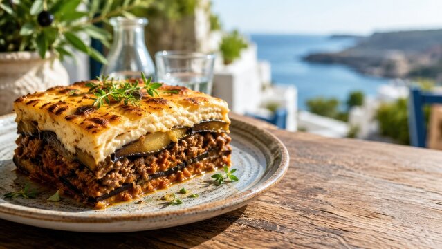 Mediterranean moussaka served outdoors by the sea