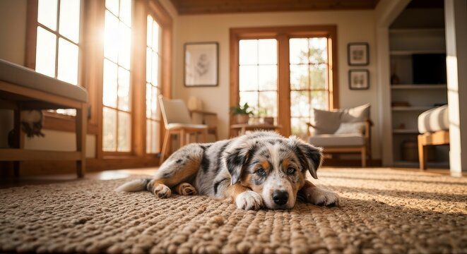 Cute Australian Shepherd Puppy Resting Comfortably on a Textured Rug in a Sunlit Living Room Space