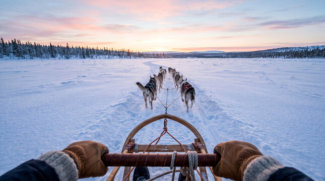 First person view of a dog sled team running across a snowy landscape at sunset