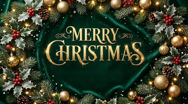 Merry christmas gold lettering on a festive green background with a wreath of pine branches, holly berries, and golden ornaments, holiday greeting card