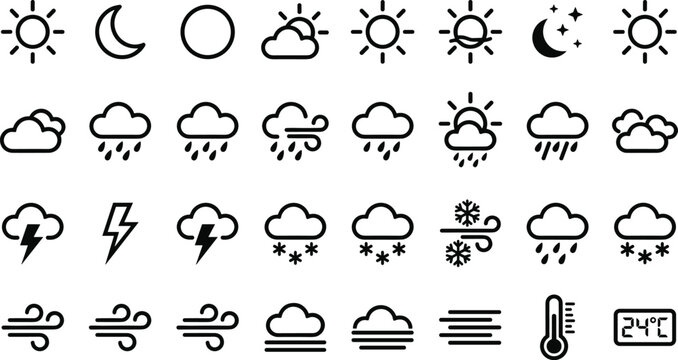 Vector weather icons set with sun, clouds, rain, wind, lightning, snow, and temperature symbols
