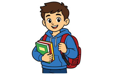 Smiling schoolboy holding colorful books and backpack