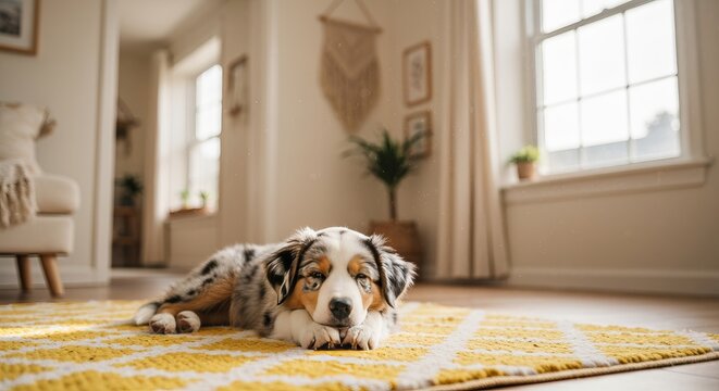 Cute Miniature Australian Shepherd Puppy Lying Relaxed On A Yellow Patterned Rug In Bright Home.