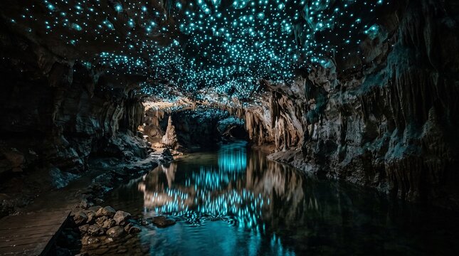 Glow worm larvae illumination on the ceiling of a limestone cave