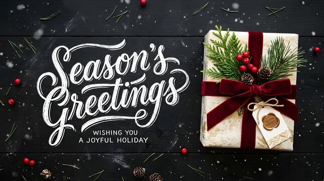 Seasons greetings text on a black wooden background with a gift box decorated with pine branches, red berries, and a velvet ribbon, top view