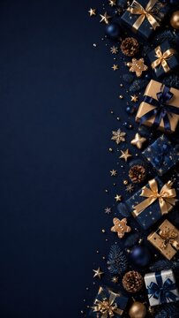 Festive holiday gift flat lay with navy and gold decor