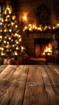 Rustic wooden table in cozy Christmas living room