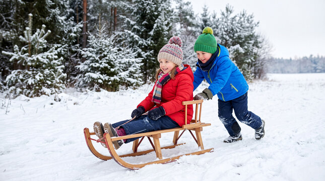 Young boy pushing a smiling girl on a wooden sled in a snowy forest