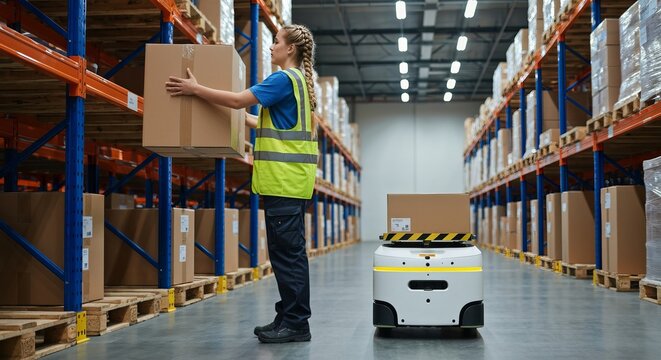 Woman Employee Putting Package Carton Box on Floor to Automated Delivery Robot in Warehouse Store