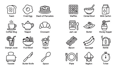 Fototapeta premium Breakfast icons showcase a variety of morning food items and beverage accessories in line art style.