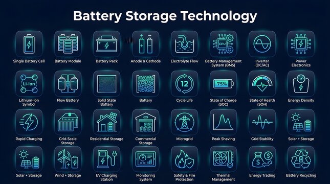 Modern battery storage technology icons set