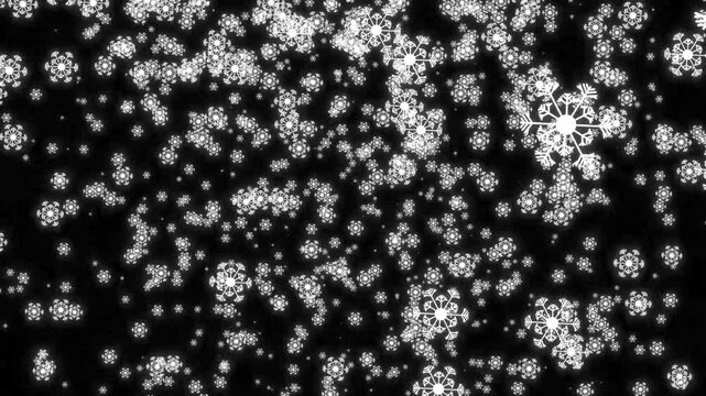 Falling snowflakes and white snow motion graphic on realistic winter blizzard loop backdrop, christmas holiday overlay element, magical frozen ice particle visual on seamless black screen. 4k video