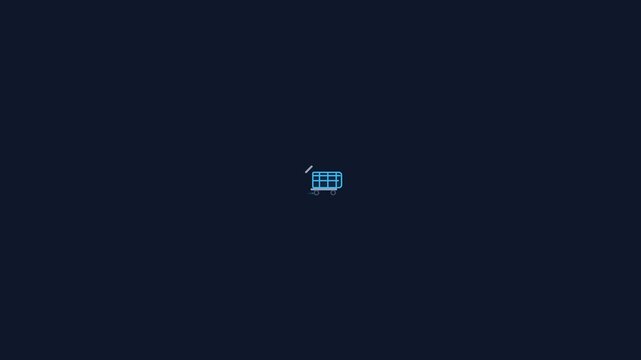 Shopping cart icon moving across a dark blue digital screen in a smooth animated video clip