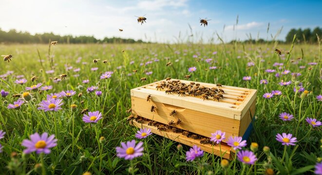 A wooden beehive box sitting in a wild flower meadow surrounded by many flying honey bees in summer
