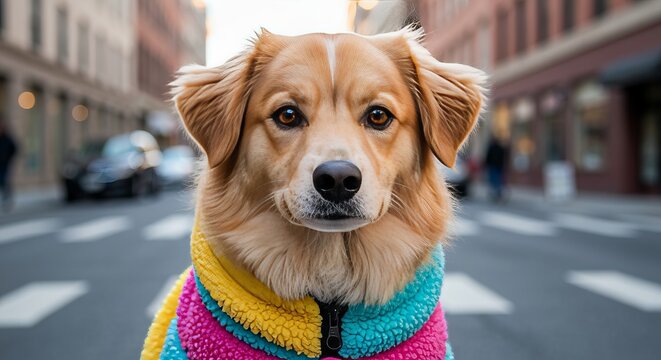 Cute Fluffy Dog Wearing Vibrant Multicoldered Jacket Standing Posing In A Middle Of A Urban Street