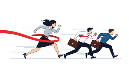 Fototapeta premium Determined businesswoman crossing the finish line of a race while male competitors trail behind in a competitive business race.