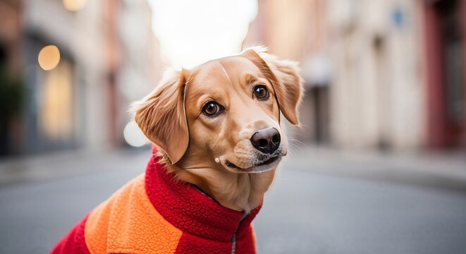 A Cute Golden Mixed Breed Dog Wearing An Orange Red Fleece Jacket Strolling Down A City Street