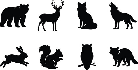 Fototapeta premium Black silhouette wild forest animals icon set with bear, deer, wolf, and fox vector illustration.