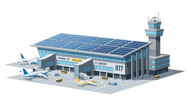 Eco-friendly airport terminal with solar panels and airplanes on tarmac