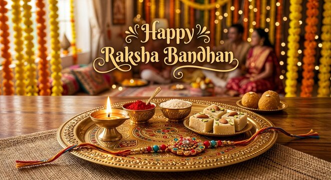 Happy Raksha Bandhan background with decorated puja thali, designer rakhi and glowing diya