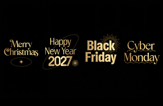 A collection of gold foil text labels including 'Merry Christmas', 'Happy New Year 2027', 'Black Friday', and 'Cyber Monday' are presented on a dark background.