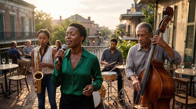 Jazz Trio Band Performs on Outdoor Stage with Audience with focus on street performance band microphone tenor saxophone double bass.