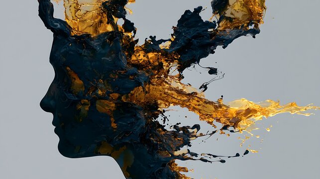 Prompt: A striking double exposure fine-art portrait. A crisp black silhouette profile of a three-headed chimera is filled with a minimalist surreal dreamscape of a high-speed splash of glossy 