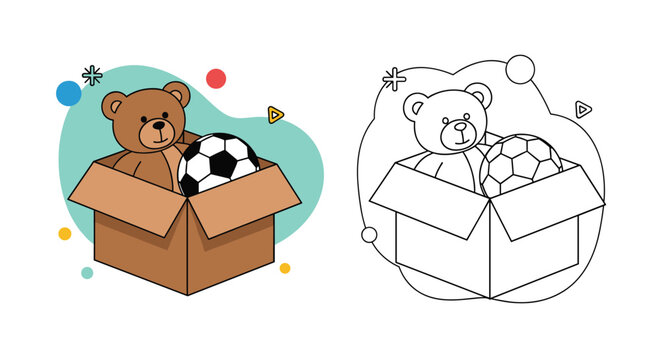 Playful coloring page illustration featuring a cute teddy bear and a soccer ball inside a cardboard toy box.