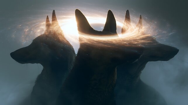 Prompt: A powerful minimalist surrealism conceptual shot. A sharp side-profile silhouette of a three-headed hound is double-exposed with a majestic cosmic landscape of a supermassive black hole 