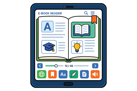 E-book reader tablet illustration with open book icon