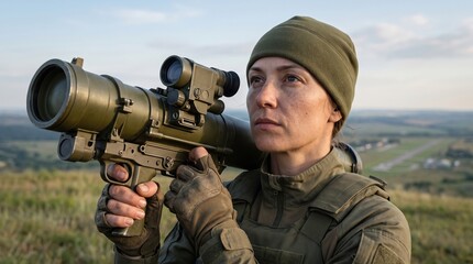 Fototapeta premium A military personnel aiming a weapon equipped with a telescopic sight on hand-held anti-aircraft missile system an elevated terrain.